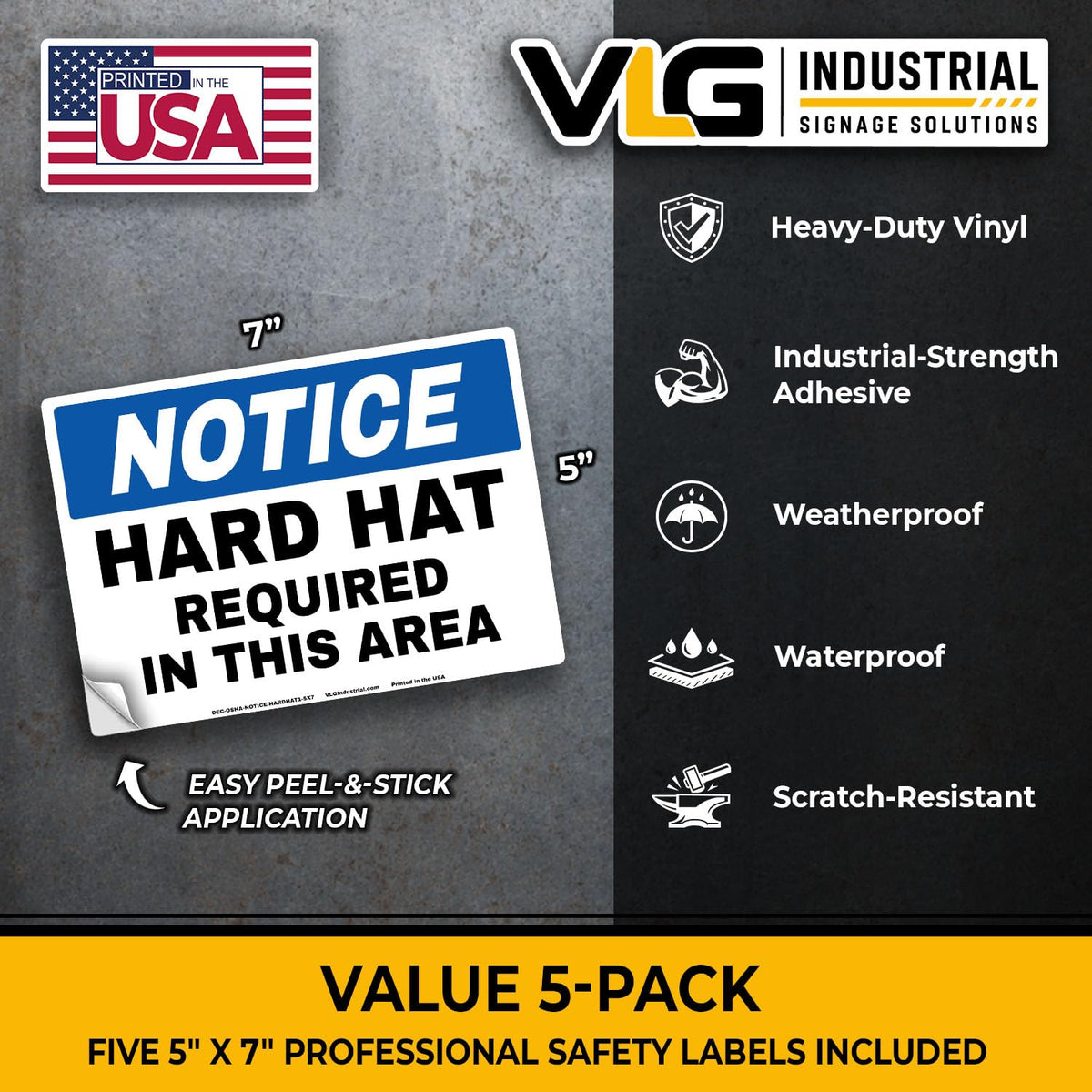 NOTICE Hard Hat Required in This Area Safety Labels, 5-Pack, 5" x 7" OSHA Style Industrial Safety Decals, Heavy Duty Waterproof Vinyl Stickers for Construction Sites, Manufacturing Facilities & Industrial Work Areas