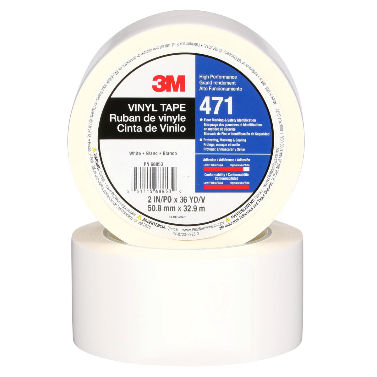 3M Vinyl Tape 471, 2 in x 36 yd, White, 1 Roll, Paint Alternative for Floor Marking, Social Distancing, Color Coding, Safety Marking