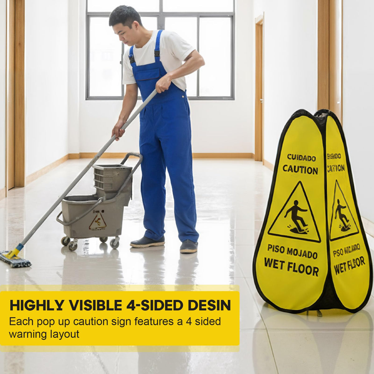 Sabary 6 Pcs 24 Inches Pop up Wet Floor Sign Yellow 4-sided Foldable Bilingual Caution Wet Floor Sign Safety Warnings Caution Cone for Commercial Office Stores Grocery Restaurant Indoors & Outdoors