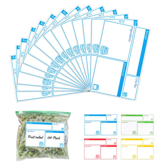 100pcs Labels for Freezer Bags Freezer Meal Labels with Instructions 3.2 X 5 inch Oil and Water Resistant Labels Food Labels for Freezer Storage for Leftovers in Fridge Removable Freezer (Blue) Blue