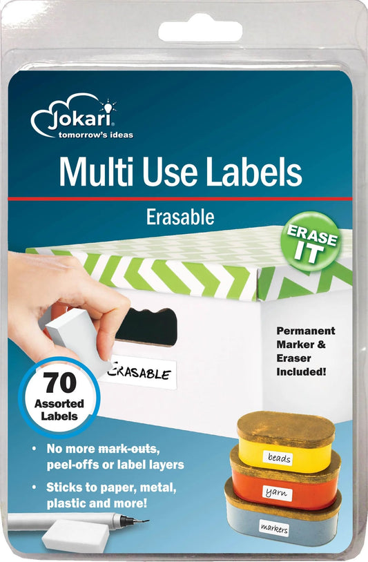 Jokari Label Once Erasable Multi-Use Labels Starter Kit with 70 labels, Eraser and Pen