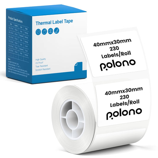 POLONO Genuine Thermal Labels for PM220S Label Makers, 1.57"x1.18" (40x30mm) Thermal Label, Waterproof, Multi-Purpose Self-Adhesive Labels for Small Bussiness, Office, School, 230 Labels/Roll (White)