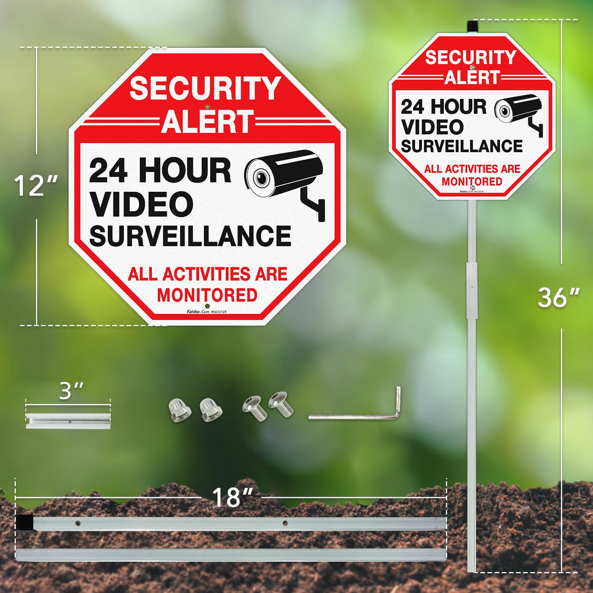 Faittoo Security Sign Video Surveillance Sign with 36" Stake for Outside, 2-Pack 12"x12" Rust Free Heavy Aluminum, Reflective, Fade Resistant, 2 pre-drilled holes, Includes Matching Screws & Wrench, 12"x12" - 2 Pack with 36" Stake
