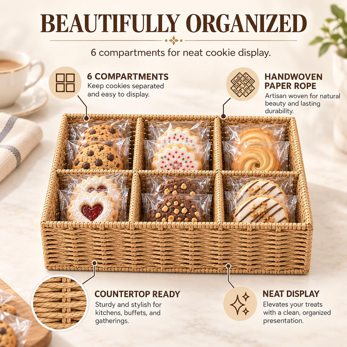 Cookie Display Stand, 6-Compartment Woven Snack Basket for Vendors, Natural