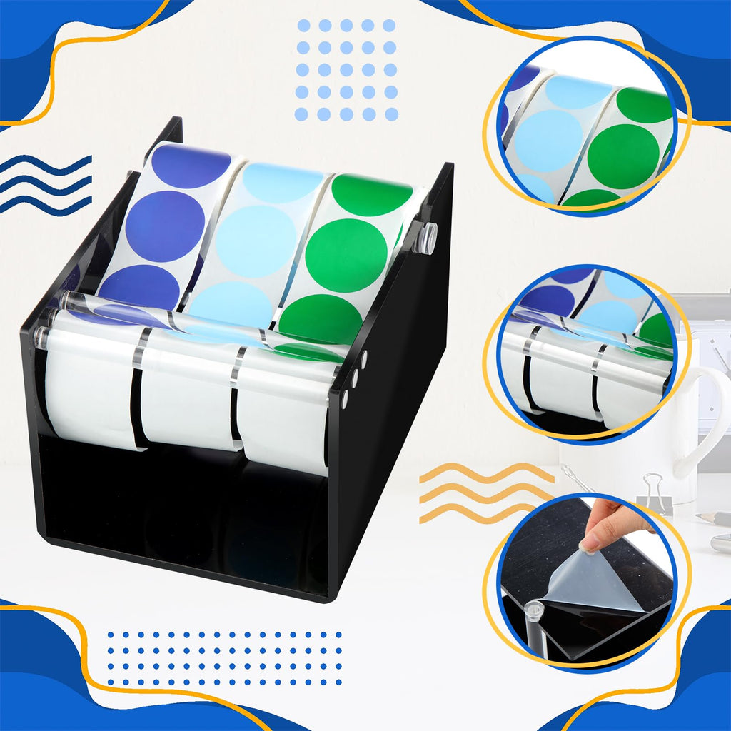 Reallnaive 1 Pcs Adjustable Label Dispenser 3 Disks Sticker Roll Holder Sticker Dispenser Black Label Roll Holder Acrylic Tape Organizer Stand for Office Home Desktop