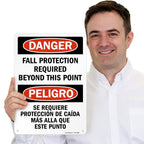 SmartSign 14" x 10" Bilingual (English/Spanish) Danger Fall Protection Required Beyond This Point Metal Sign, 40 mil Laminated Rustproof Aluminum, Pre-Drilled Holes, Red, Black and White, Made in USA