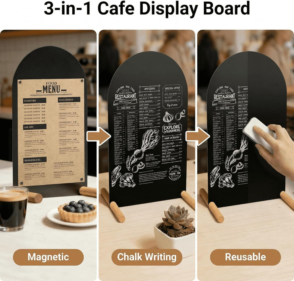 Tabletop Menu Board, A5 Magnetic Metal Sign with Wood Base for Counters Black A5 Vertical (12.2 × 6.7 in)