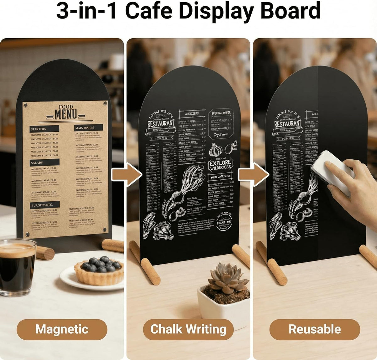 Tabletop Menu Board, A5 Magnetic Metal Sign with Wood Base for Counters Black A5 Vertical (12.2 × 6.7 in)