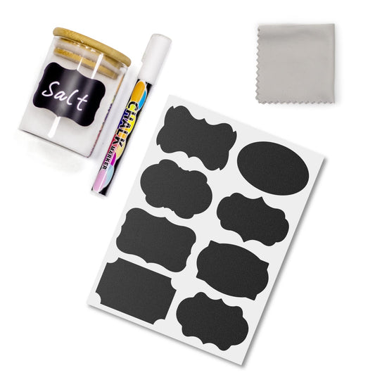 120 Chalkboard Labels Free Chalk Pen- Food or Spice Label for Bottles in Kitchen or Pantry- Multiform Black Labels for Food containers, Mason Jars, Storage Bins,Reusable Waterproof Removable Stickers Mult-shape