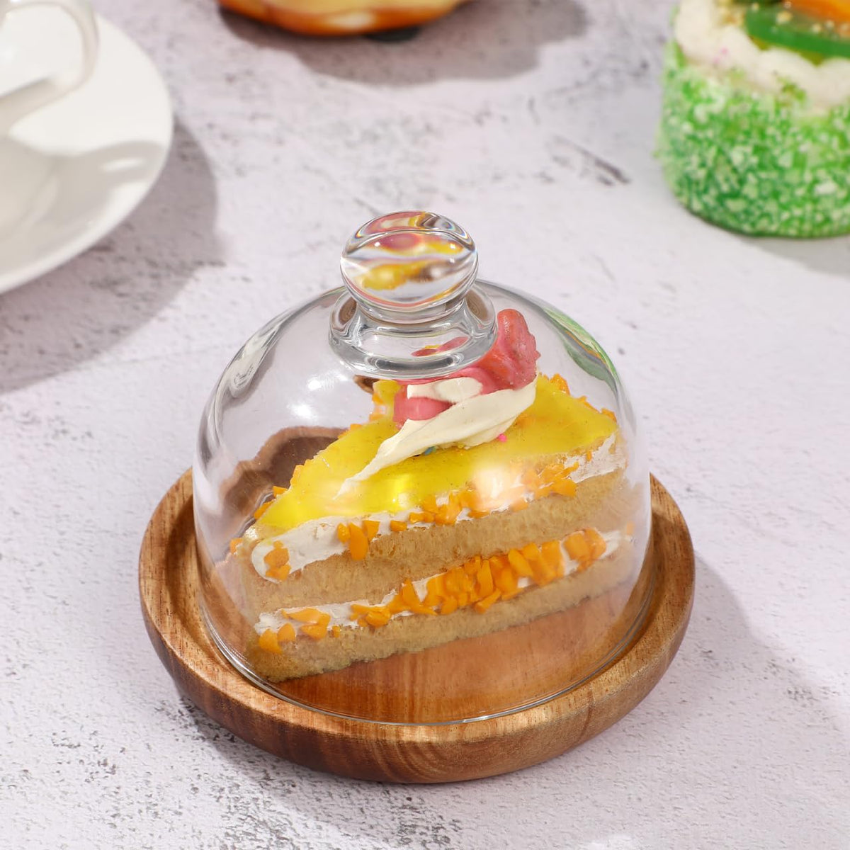 4.2 Inch Wooden Base Small Cake Display Stand with Glass Dome,Cloche Clear Glass Bell Jar Cover for Dessert Cheese Candy Plants Succulents