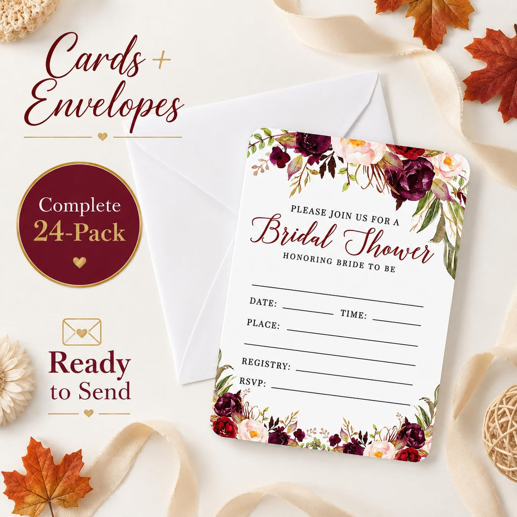 Andaz Press Fall Autumn Burgundy Maroon Floral Flowers, 5X7-Inch Fill in The Blank Bridal Shower Invitations with Envelopes, 24-Pack, Includes Cards & Envelopes Fall Bridal Shower Invitations
