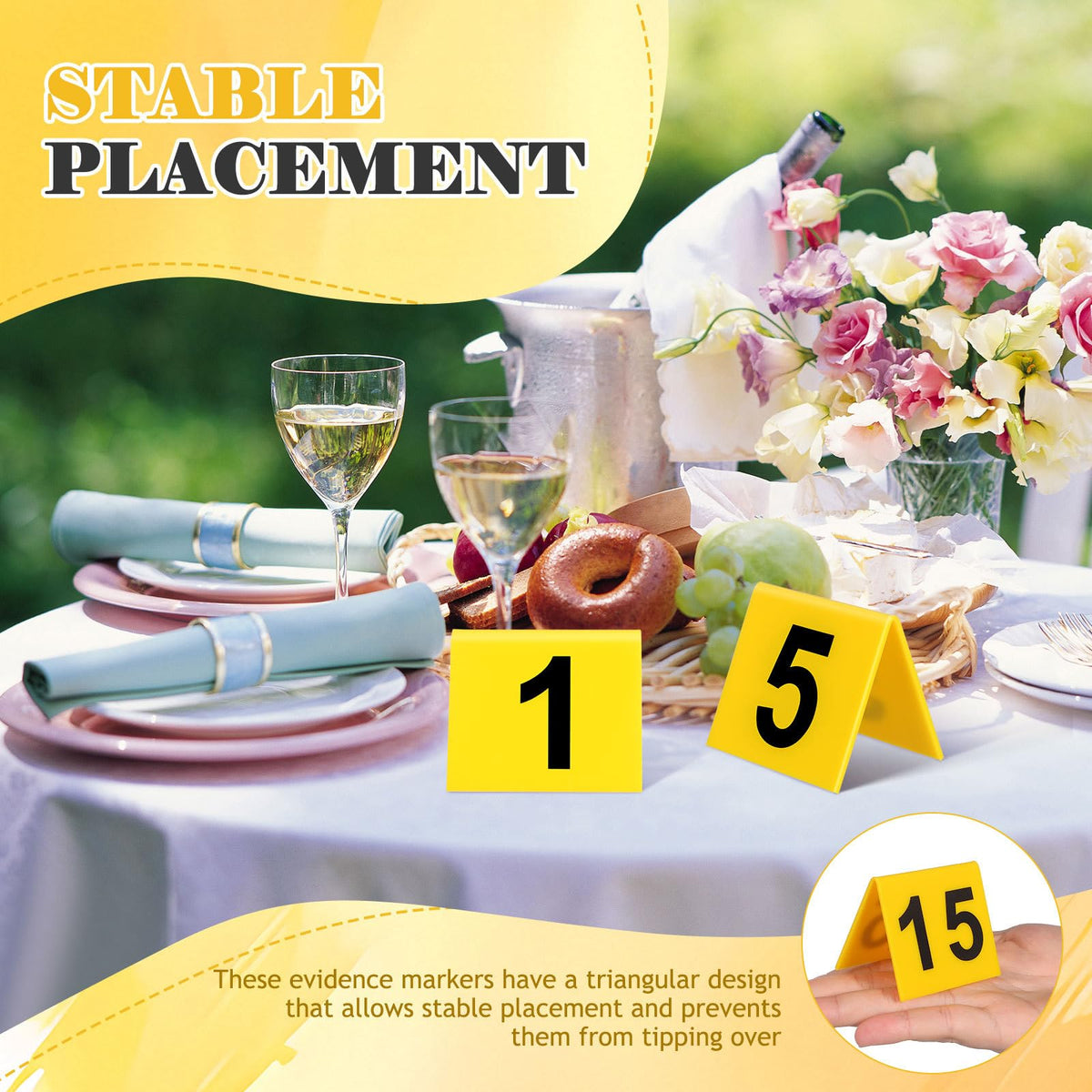 SEWACC 15 Pcs Acrylic Table Number Cards, Sturdy Plastic Yellow Restaurant Place Cards with Black Numbers 1-15, High Visibility Table Tents for Cafes And Banquets, Seating Markers