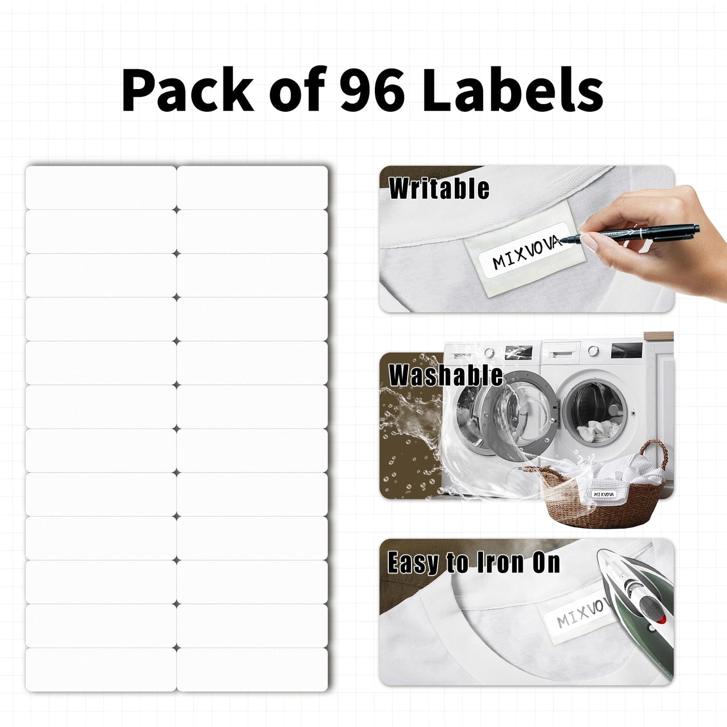 Clothing Labels, 96Pcs Washable Name Label for Clothes, Personalized Clothing Label for Nursing Home, Daycare and Camps (Iron-on) Iron-on
