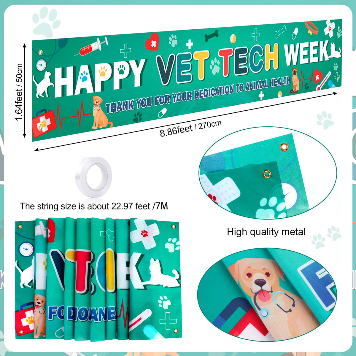 HOWAF Happy Vet Tech Week Banner, Veterinary Technician Appreciation Yard Banner, Dog Cat Paw Print Pet Clinic Outdoor Fence Hanging Sign, Vet Staff Thank You Party Decorations Supplies