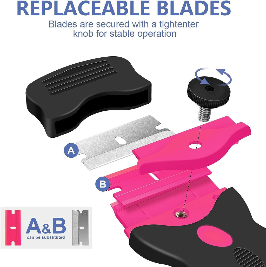 Pink DEKEones Razor Blade Scraper with double-edged blades, paint and decal removal tool for glass, stickers, and adhesive cleanup.