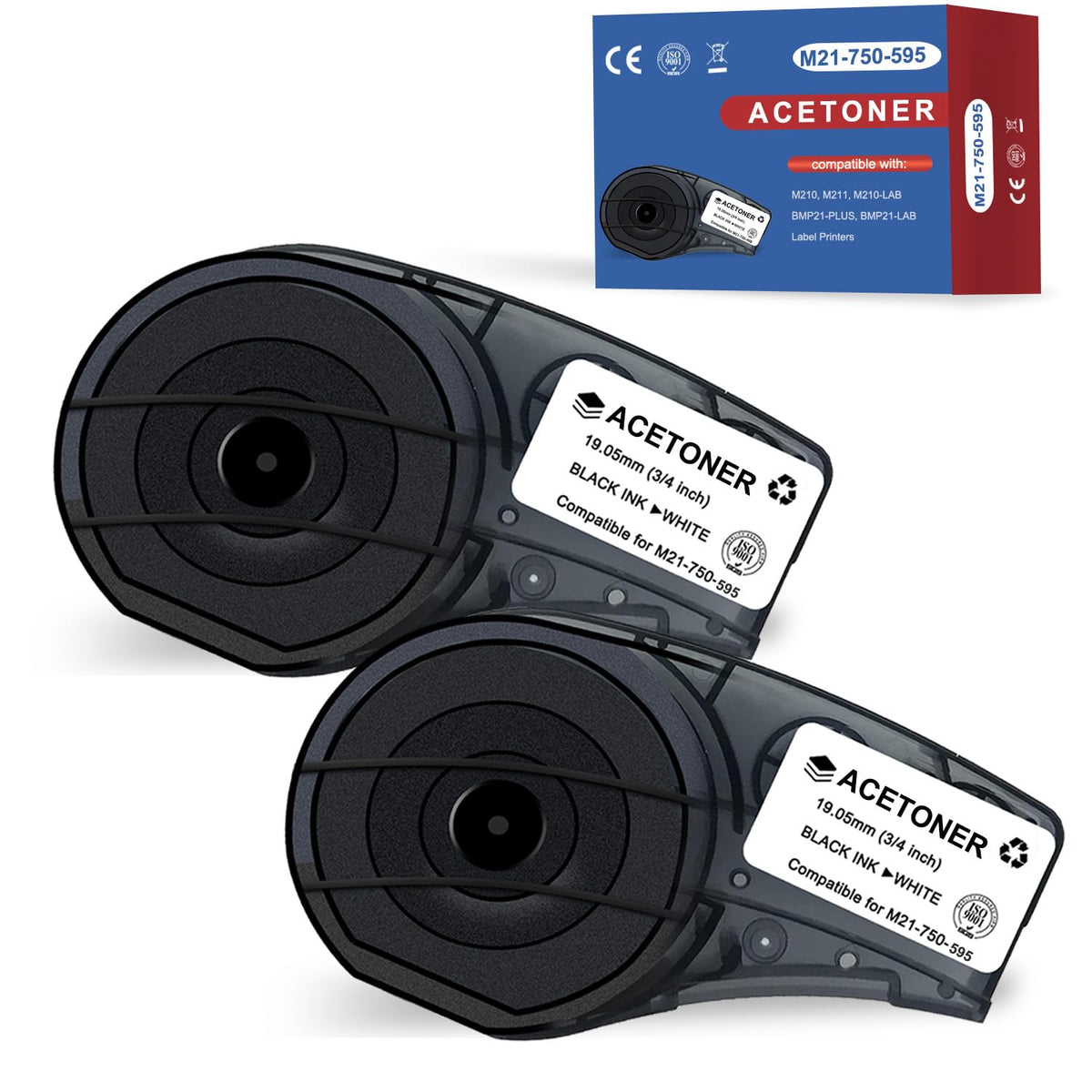 M21-750-595 2 Pack Compatible for (M21-750-595-WT) All-Weather Vinyl Label for Indoor/Outdoor ID, Black on White- for M210, M210-LAB, M211, BMP21-PLUS and BMP21-LAB Printerss, 0.75" W 21" L