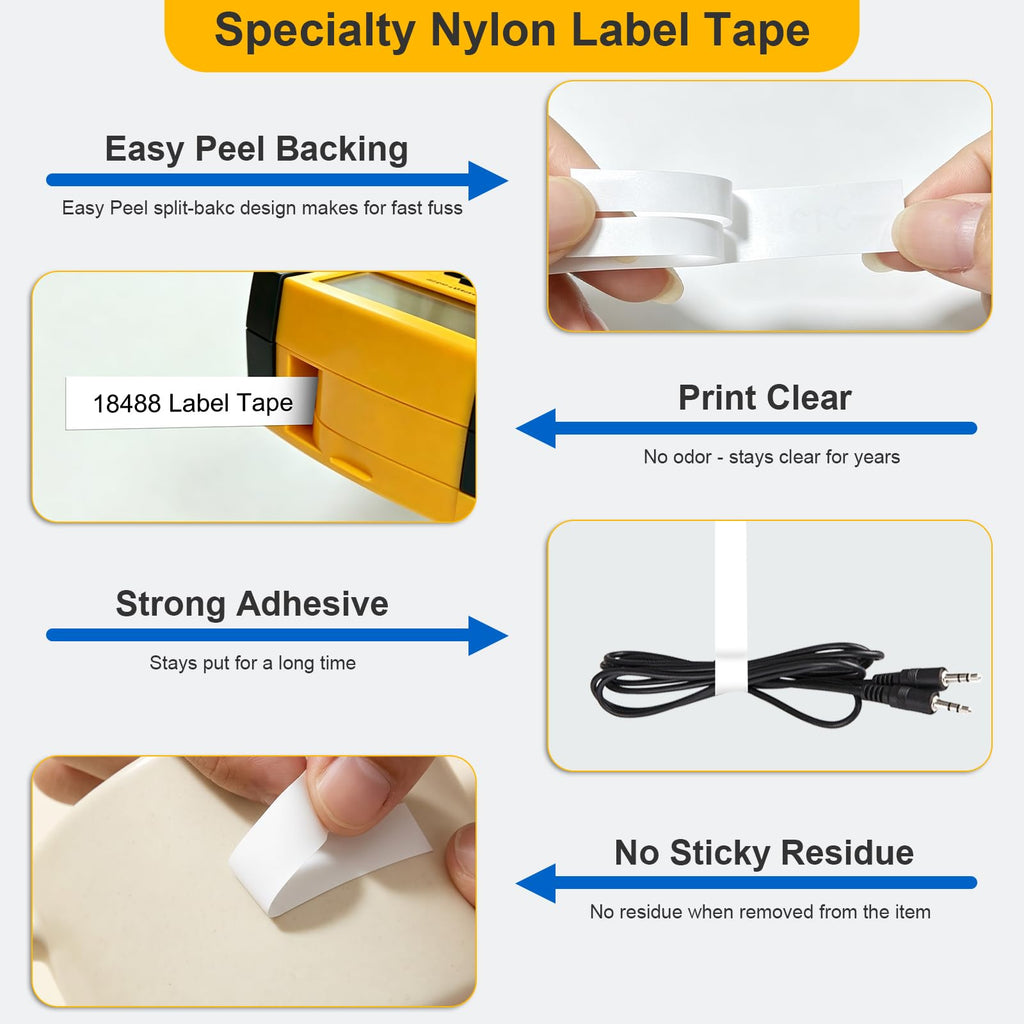 4 Pack Compatible with Dymo 18488 Rhino Industrial Flexible Nylon Labels, A18488 1/2" Black Print on White Tape Work with Rhino Pro 4200 5200 5000 6000 3000 Label Maker, 1/2in x 11.5ft (12mm x 3.5m) Black on White Flexible Nylon Tape 4