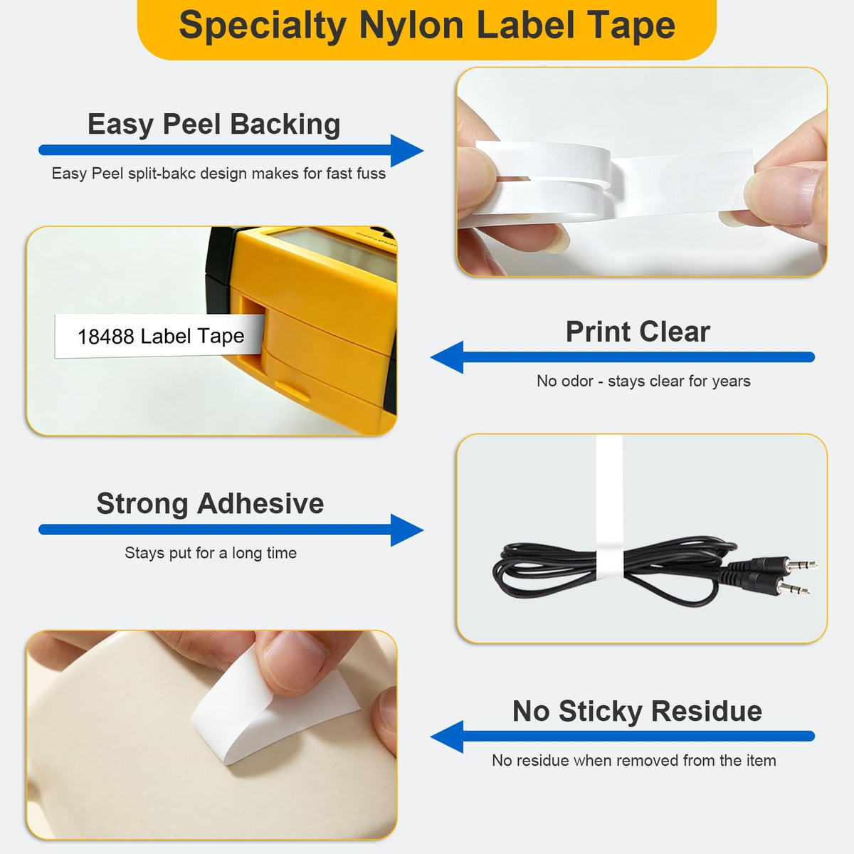 4 Pack Compatible with Dymo 18488 Rhino Industrial Flexible Nylon Labels, A18488 1/2" Black Print on White Tape Work with Rhino Pro 4200 5200 5000 6000 3000 Label Maker, 1/2in x 11.5ft (12mm x 3.5m) Black on White Flexible Nylon Tape 4
