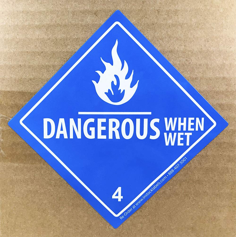 Laminated Dangerous When Wet hazard class 4 D.O.T labels, 4x4 inch square stickers on a roll, suitable for safety signage.