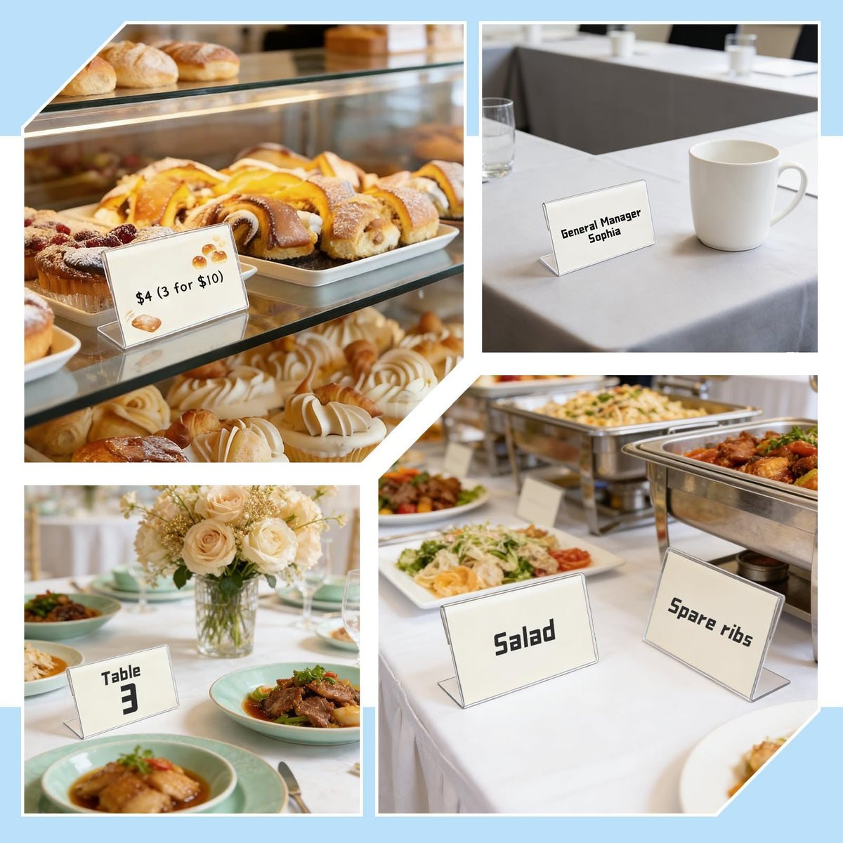 30 Pack Mini Clear Sign Display Holder with Blank Labels,3.5*2.4 Inch Horizontal Slanted L-Shape Plastic Name Card Price Card Tag Label Counter Top Stand