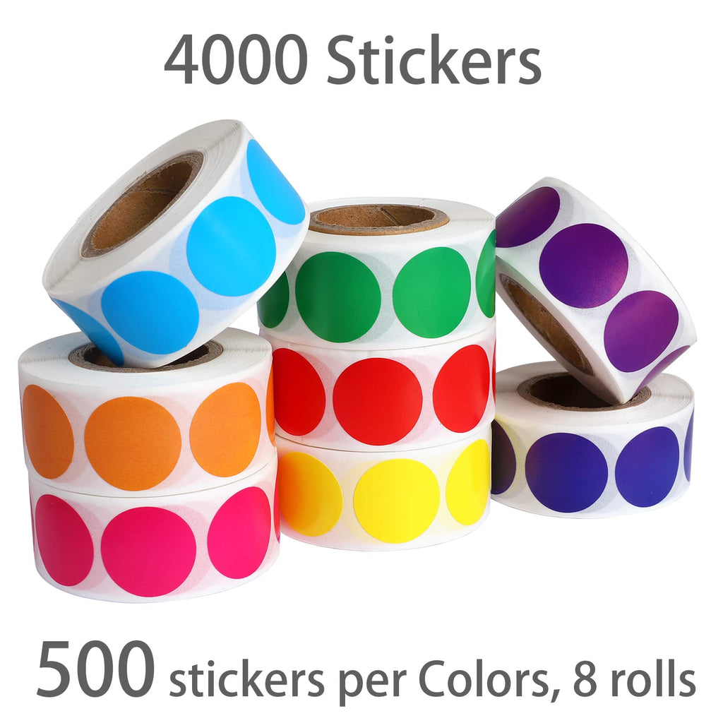 4000 Pcs Colored Dot Stickers, 8 Color Coding Circle Labels, 3/4" Round Dot