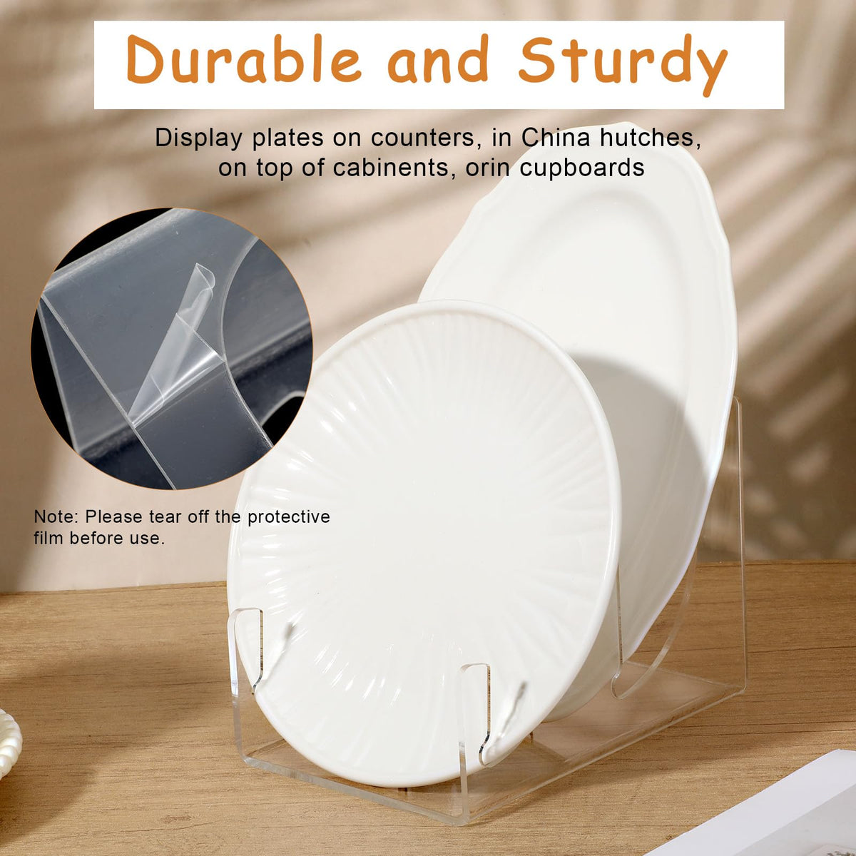 4 Pcs Plate Dinnerware Display Stand, 2-Tier China Platters Holder, Acrylic Plate Stands for Display Clear Kitchen Cabinet Organizer