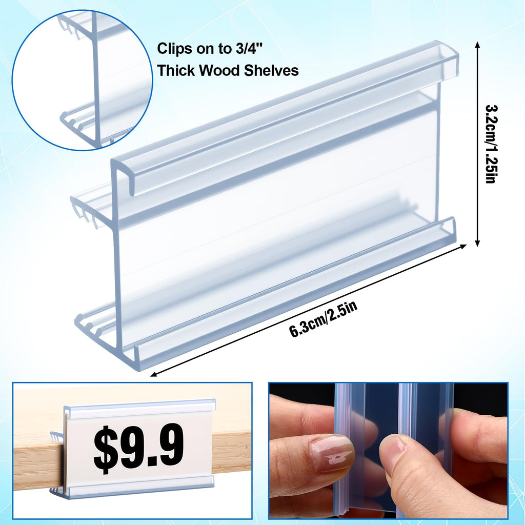 Kathfly 50 Pcs Shelf Label Holder 1.25" x 2.5" Clear PVC Clips, 3/4" Thick