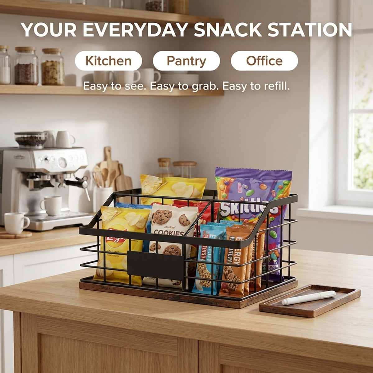 3-Compartment Metal Snack Organizer for Countertop, Snack Basket with Wooden Base and Pen, Chip and Candy Storage Bin for Kitchen Pantry and Snack Bar Station, Black