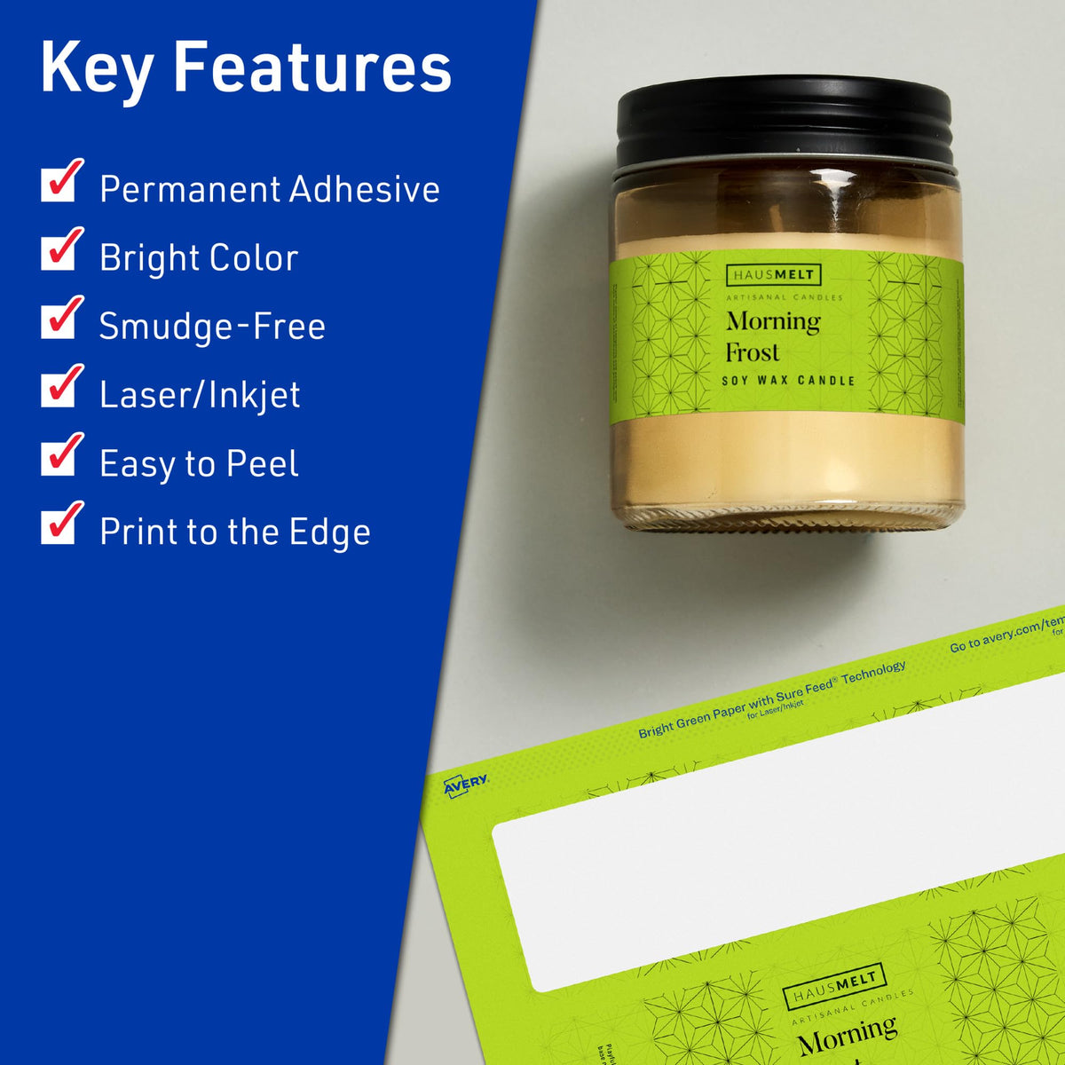 Avery Printable Rectangle Labels, Sure Feed Technology, 3" x 7", Bright Green Labels, Print-to-The-Edge, Laser/Inkjet Printable, 60 Total, Great for Candles and Jars 60 labels