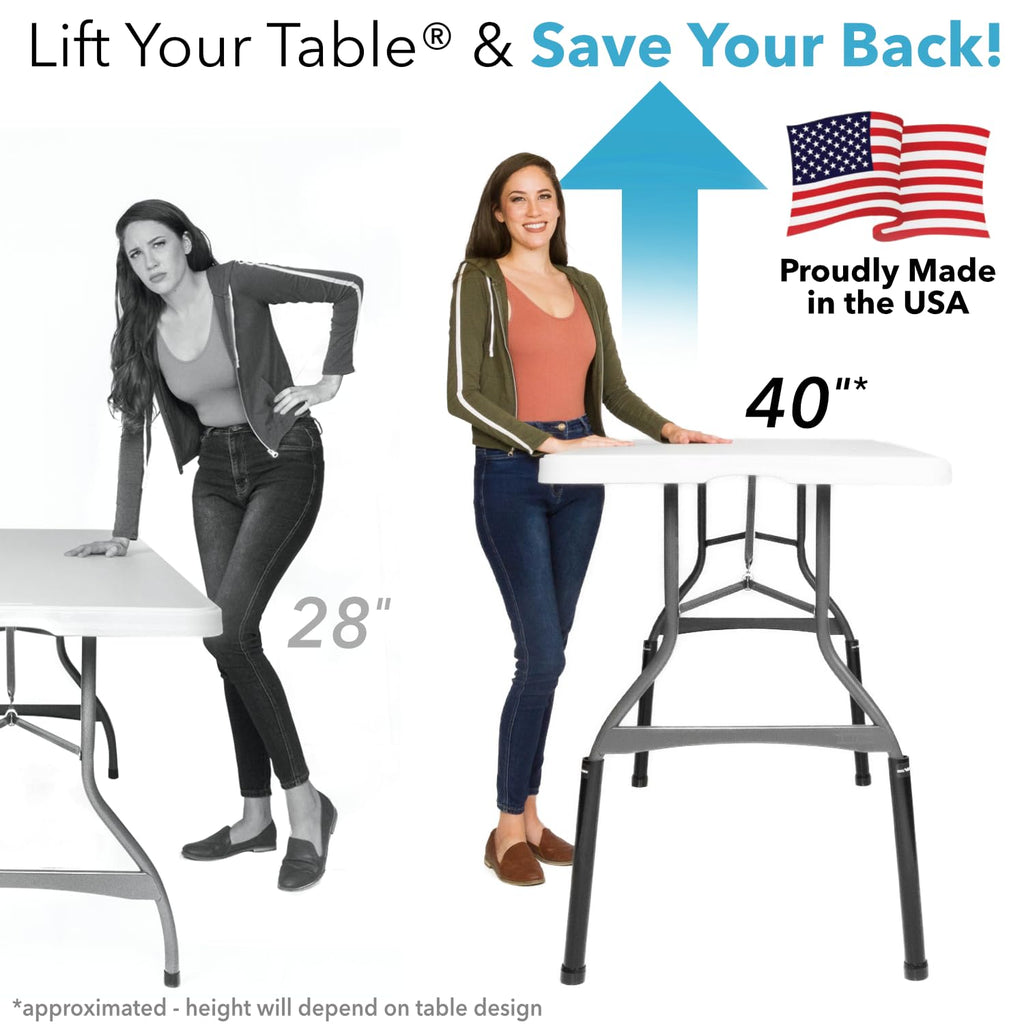 Lift Your Table® Folding Table Risers - Bar Height (Movable Foot) - Made in the USA, Heavy Duty, Sturdy, Portable, Easy-to-Use Extensions Raise Bent Leg Folding Tables (Set of 4) Bar Height (Movable Foot)