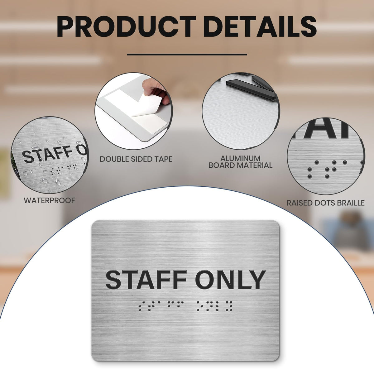Staff Only Signs 4 Pack 6" x 8" with Braille and Tactile Identification ADA Compliant Siilver Door Sign for Offices Schools Malls Business Kitchen Silver/Black-Staff Only