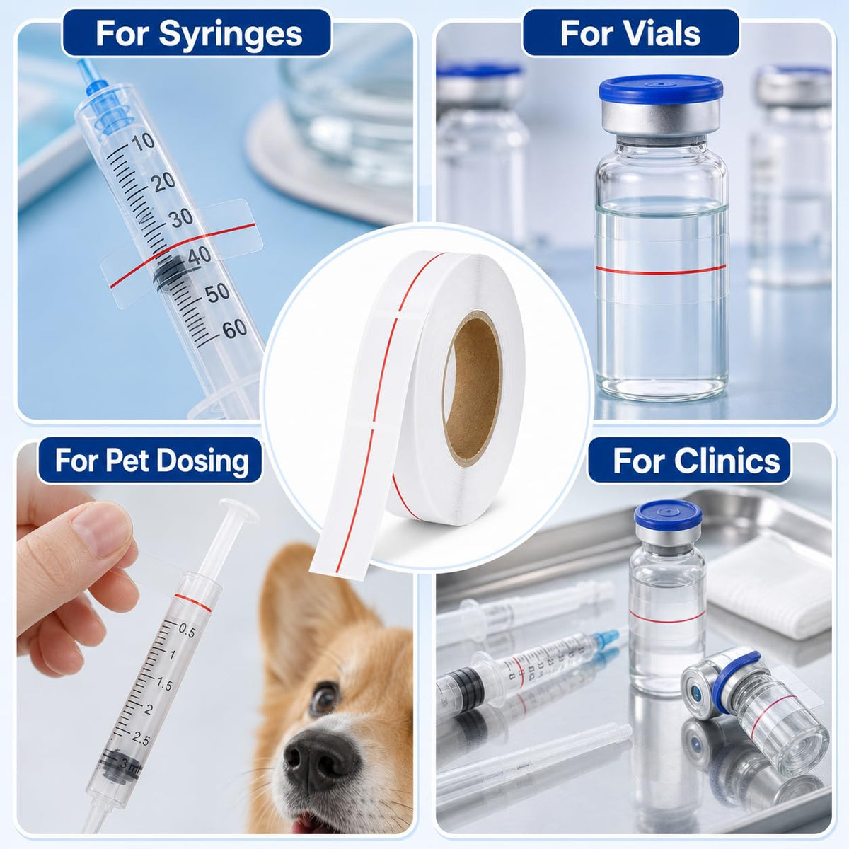 500 Pcs Clear Syringe Red Dose Line Labels Roll 0.5"x1.5"