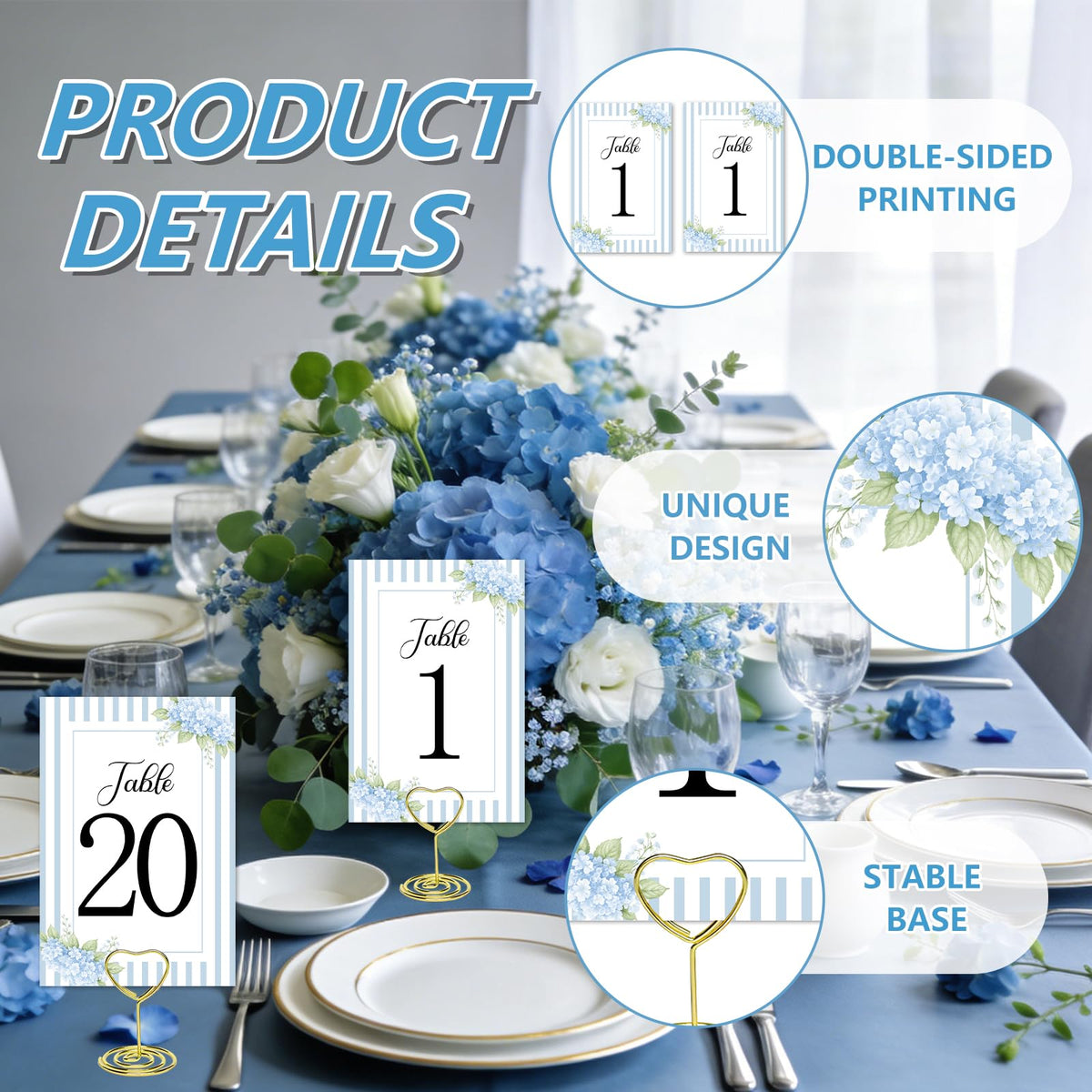 Floral Wedding Table Numbers 1-20 with 20PCS Gold Table Card Holders Something Blue Before I Do Bridal Shower Decorations Blue Hydrangea Tables Number Cards for Wedding Bridal Shower Reception