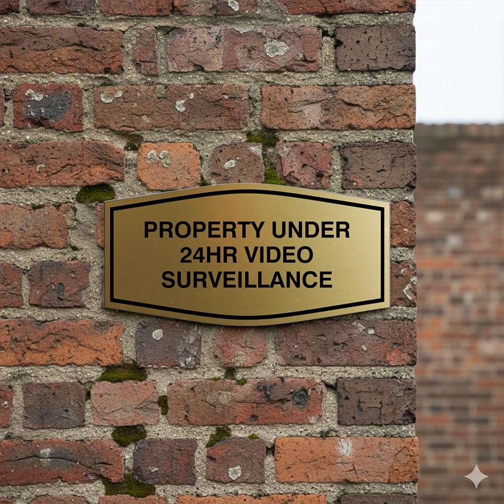 All Quality Fancy Property Under 24Hr Video Surveillance Sign | Property Security Sign with Easy Installation | 24/7 Security Monitoring (Brushed Gold) - Medium 5 Pack 7 x 3.5" - Med (5 Pack) Brushed Gold