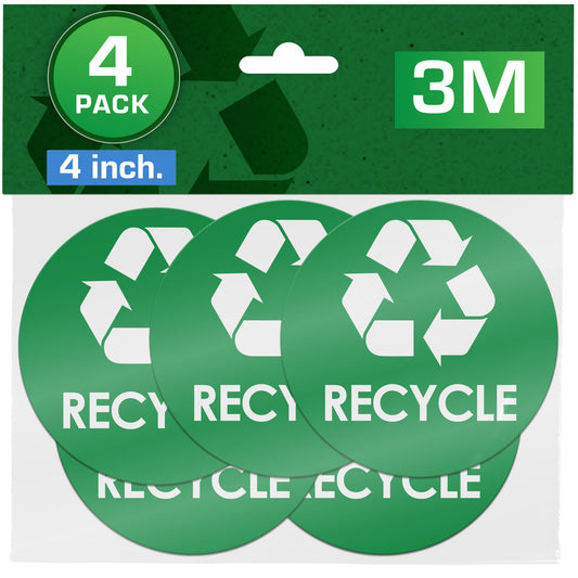 Recycling Stickers for Trash Can - 5-Pack, 4" Inch Round Decals - Easy to Apply, UV-Resistant for Indoor & Outdoor Waste Management in Kitchens, Offices, and Public Spaces