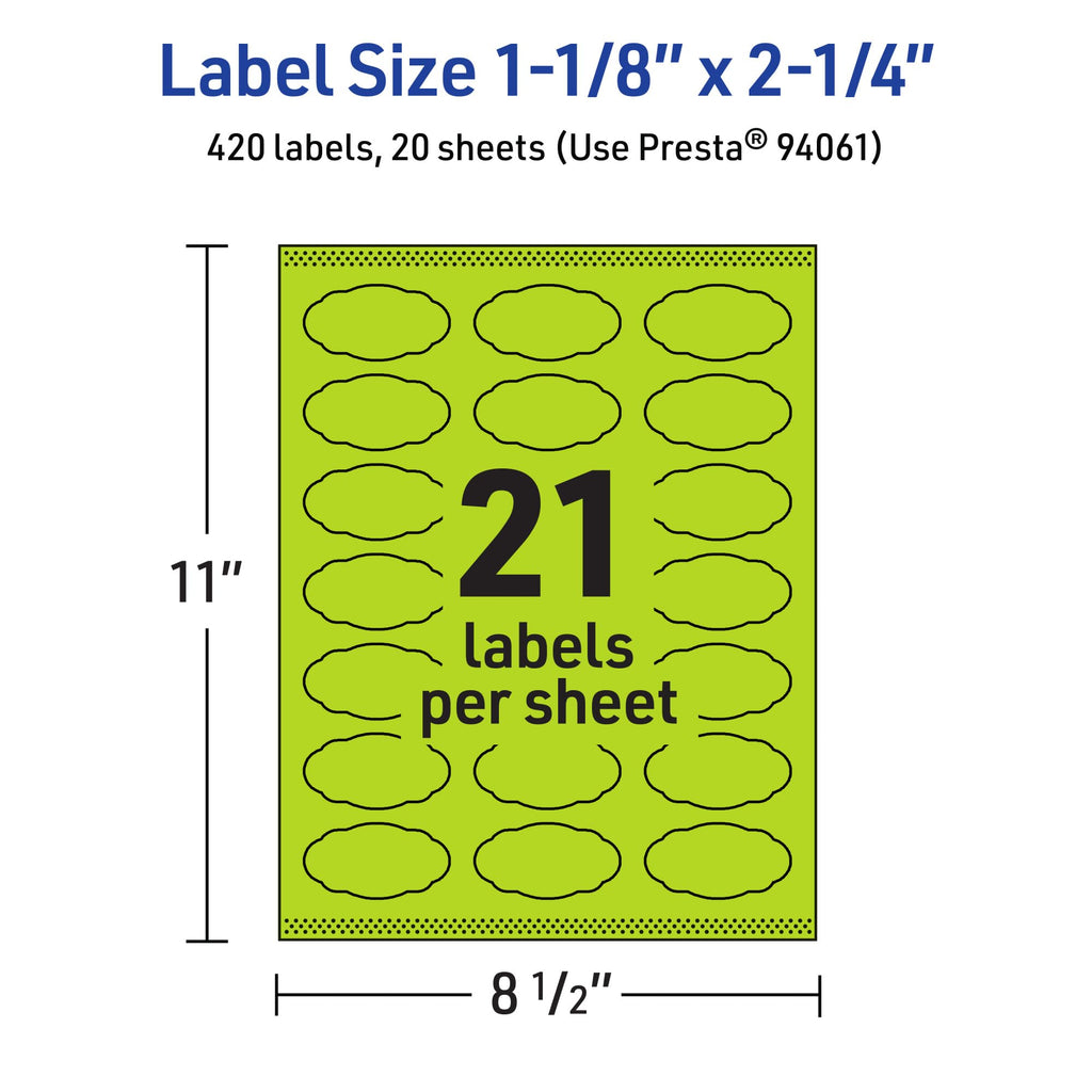 Avery Printable Oval Scalloped Labels, Sure Feed Technology, 1-1/8" x 2-1/4", Bright Green Labels, Print-to-The-Edge, Laser/Inkjet Printable, 420 Total, Great for Candles and Jars 420 labels