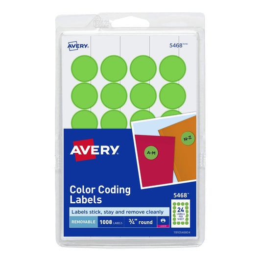 Avery Colored Dot Stickers, Removable Print or Write Circle Labels, 3/4 Inch, 1008 Neon Green Round Stickers (5468) 1