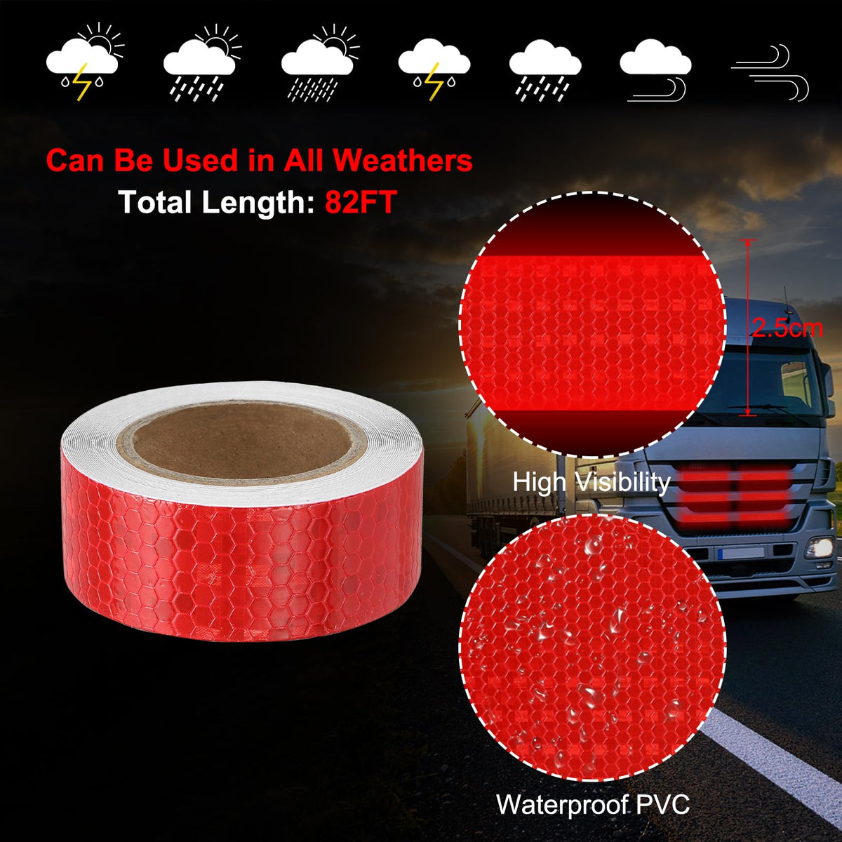 MECCANIXITY Reflective Tape, 1 Inch x 82 ft Self-Adhesive Trailer Reflector Tape Waterproof Warning Safety Sticker High Visibility Night Reflectors, Red 1 Inch x 82 Feet