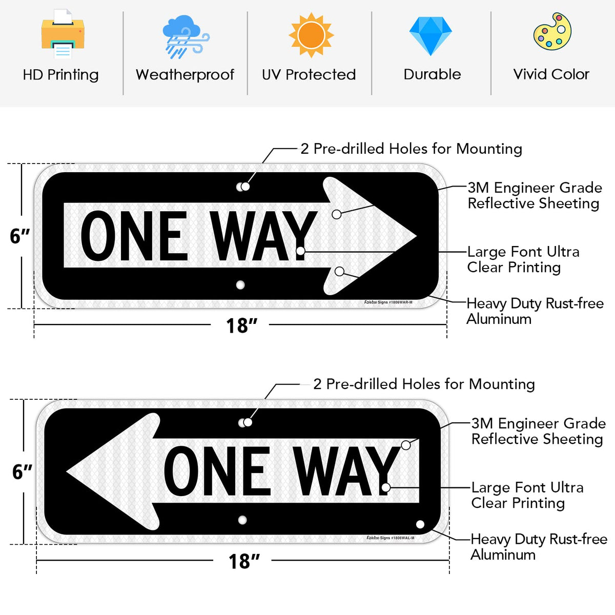 One Way Sign with Arrow, 2-Pack 18x6 Inches Engineer Grade Reflective Rust Free Aluminum, Weather/Fade Resistant, UV Protected, Easy to Mount, Indoor/Outdoor Use (Left/Right) 2 Pack-One Way Sign with Left and Right Arrow-White and black