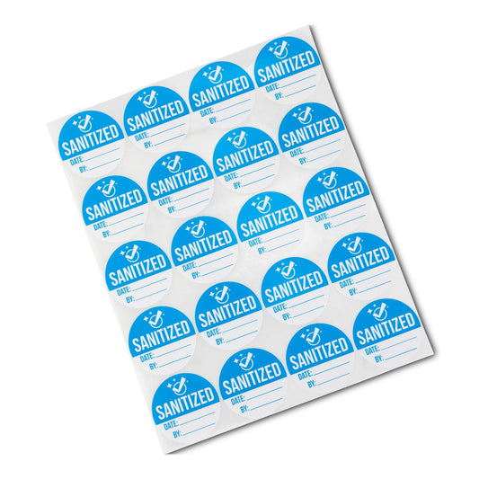 300 Labels - Sanitized by Labels 2 x 2 inch, Blue Write-in Sanized Checklist Labels for Maids/Car Rentals/House Rentals/Restaurants - 1 Roll 300 Labels Light Blue