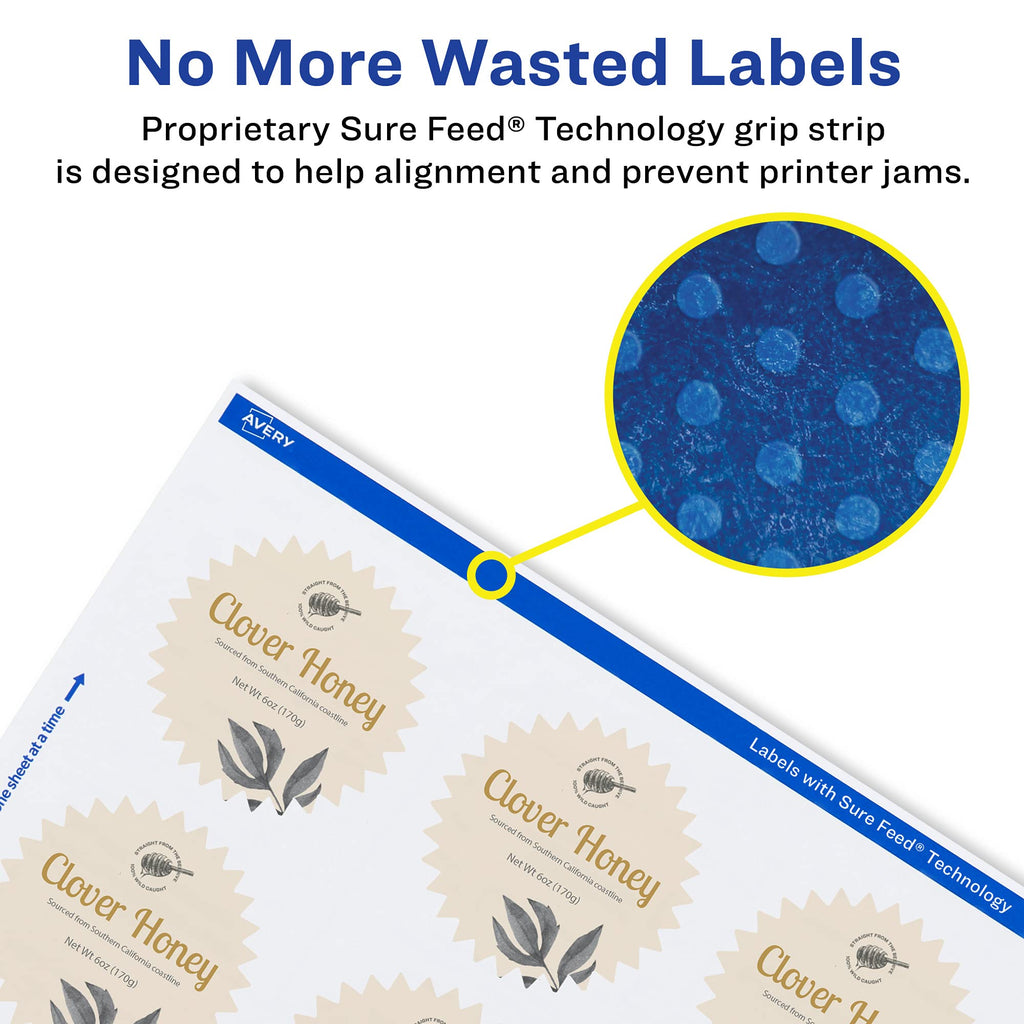 Avery® Printable Durable White Starburst Labels, Sure Feed® Technology, 2.25", Print-to-the-Edge, Waterproof Labels, Laser & Pigment-Based Inkjet Compatible, 120 Total 120 labels