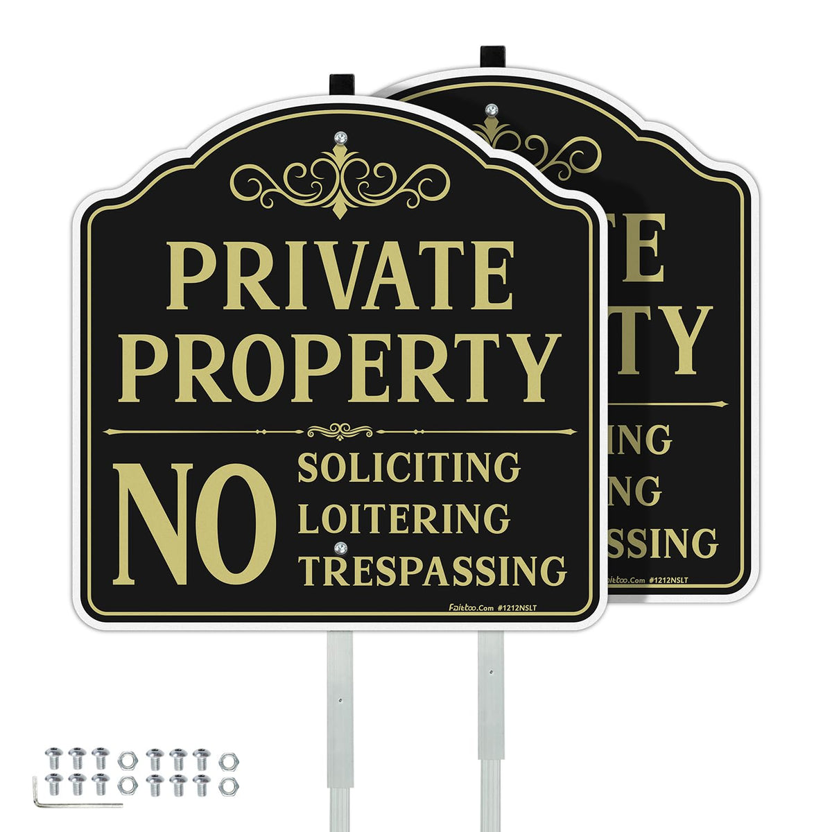 Faittoo Private Property No Soliciting Sign for House with 42" Stake, 2-Pack 12"x12" Rust Free Heavy Aluminum, Reflective, Fade Resistant, 2 Pre-drilled Holes, Includes Matching Screws & Wrench Black Gold - 2 Pack