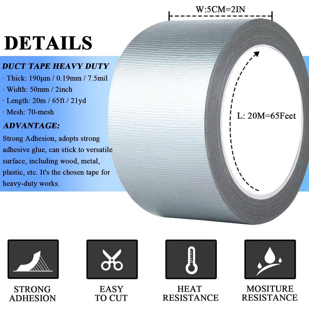 2 Pack Duct Tape Heavy Duty, Waterproof, Heat Resistant, Strong Adhesive Packaging Tape for HVAC, Home Improvement, Outdoor, Packing Boxes, Pipe Insulation, Window Sealing (21 Yards x 2 Inch) 2 Rolls, 2" x 21 Yds Silver