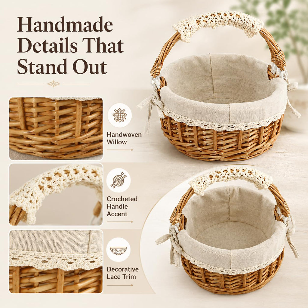 10.2-Inch Empty Round Wicker Easter Basket with Fabric Liner