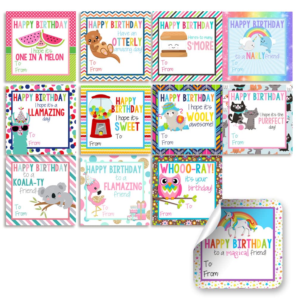 Happy Birthday Gift Tag Stickers for Girls, Set of 24 2.5 X 2.5 Mixed Square Birthday Gift Labels by Amanda Creation