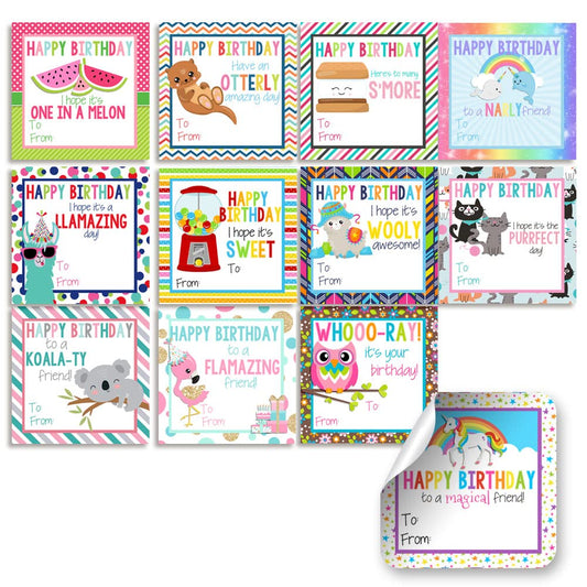 Happy Birthday Gift Tag Stickers for Girls, Set of 24 2.5 X 2.5 Mixed Square Birthday Gift Labels by Amanda Creation