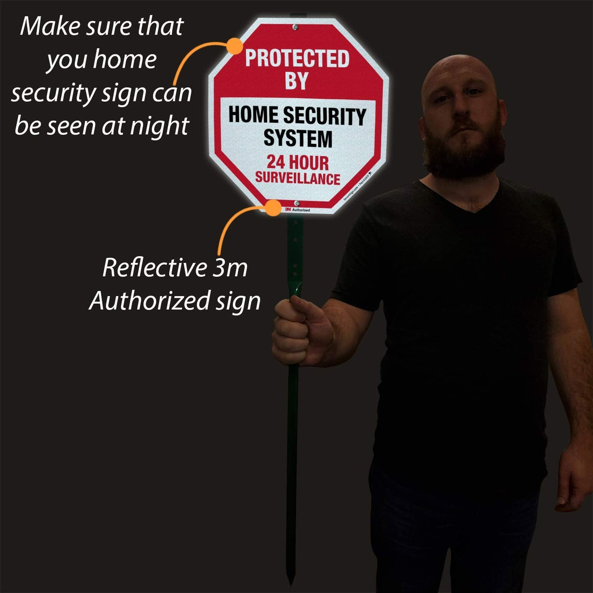 SmartSign 10" x 10" 'Protected By Home Security System 24 Hour Surveillance' Yard Sign with 3 ft Stake, 40 mil Aluminum 3M Laminated Engineer Grade Reflective, Red/Black/White Reflective Aluminum Sign with 3' Stake