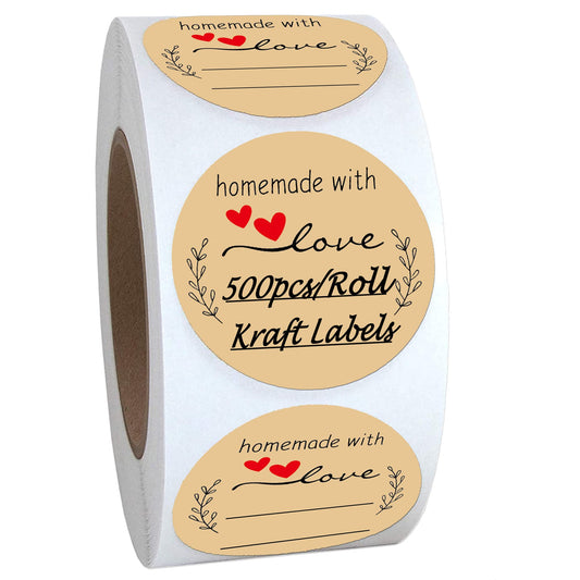 SALEMAR Homemade with Love Stickers 500PCS, 1.5 Inch Brown Kraft Label Stickers for Canning Bottles, Storage Bins, Food, Jars, Homemade Products