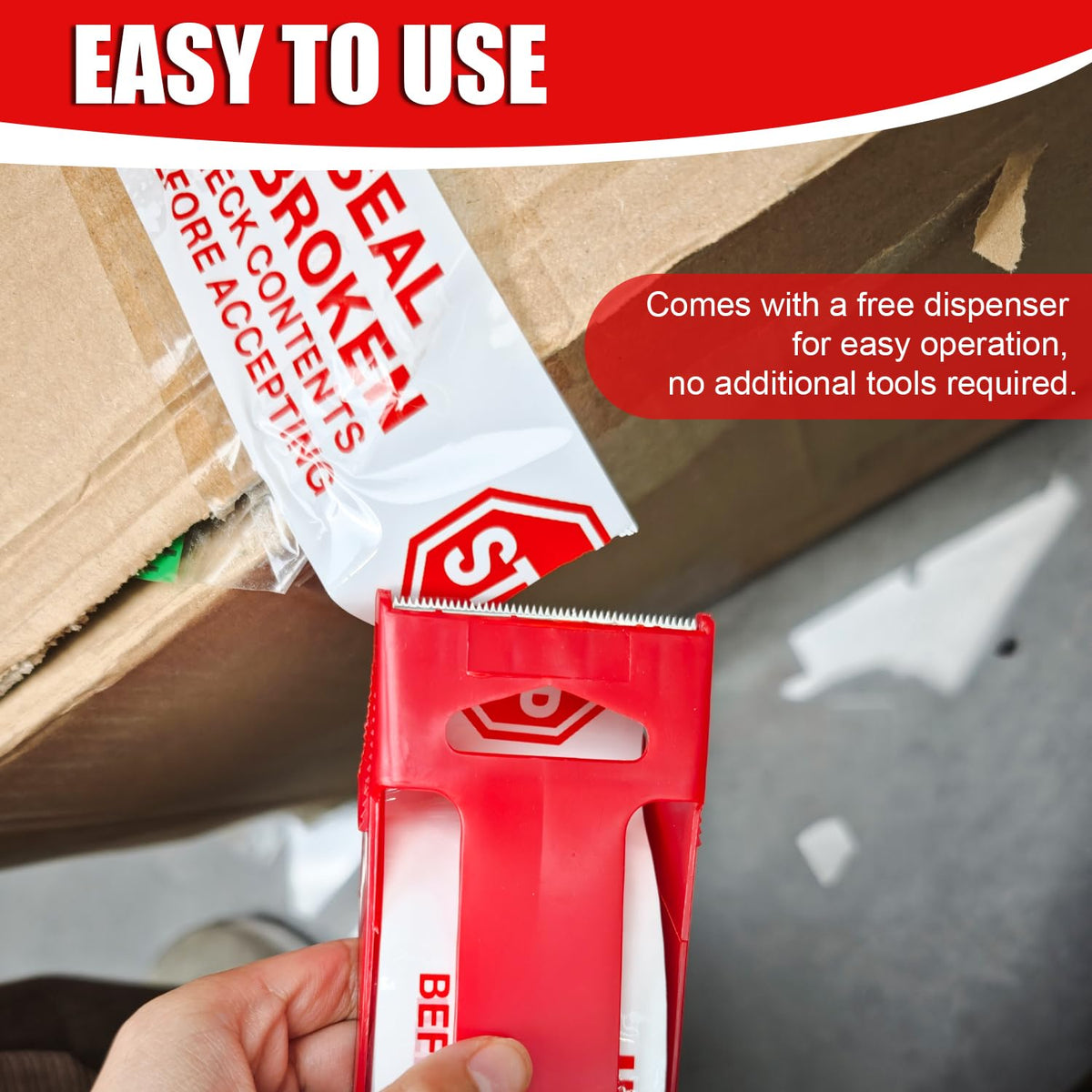 2 Pack Stop Sign Sealing Tape Pre-Printed IF Seal is Broken Check Contents Before Accepting Heavy Duty Packing Tape with Dispenser 2 Inch x 110 Yards, Total 220Y for Moving and Shipping