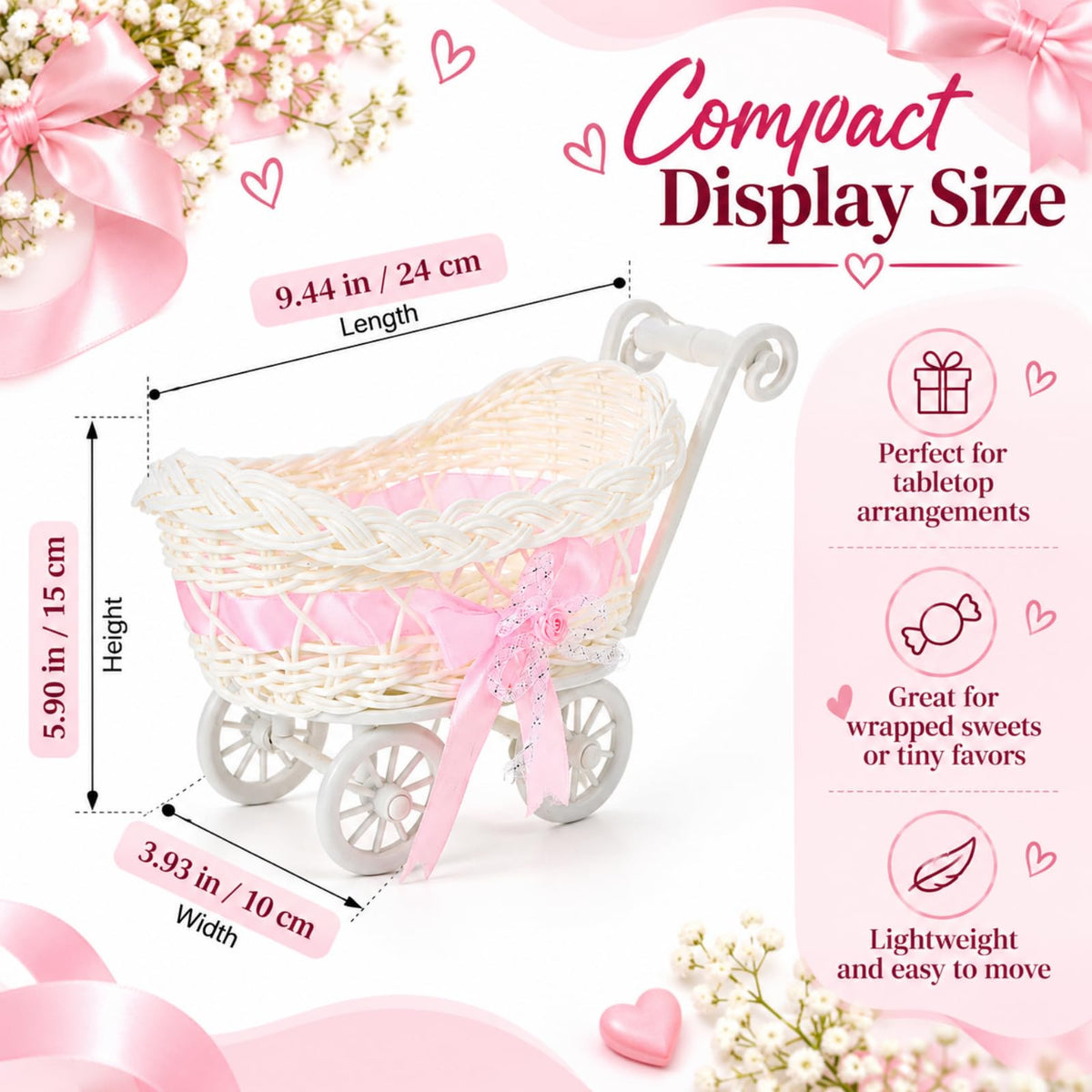 POPETPOP Mini Wicker Baby Carriage Decor, Pink Rattan Mini Shopping Basket